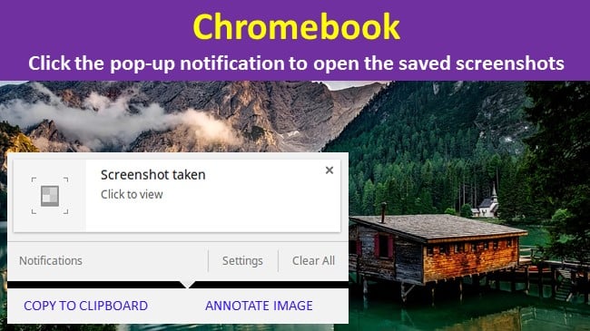 Chromebook screenshot pop-up notification